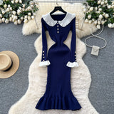 Fongt Retro Doll Collar Horn Sleeve Dress Women Autumn Waist Thin Temperament Knitted Dress