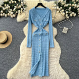 Fongt Small Fragrant Style High-Level Sense V-Neck Metal Buckle Waist Knitted Dress Women Autumn Body Fork Long Dress