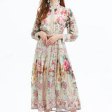 Fongt Court-Styled Dress Women's Lantern Sleeves With Belt Strap Single Buckle Design Temperament Long Dress