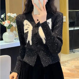 Fongt Design Sense Embroidered Bow Sweater 2024 Autumn / Winter Sweet Printed Cardigan Show Thin Jacket-Outfit