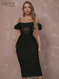 Off Shoulder Short Sleeve Bandage Dress Women Sexy Black Lace Elegant Bodycon Evening Club Celebrity Party Midi Lady