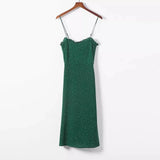 2019 New-Coming Summer European Retro Dark green Dot Spaghetti Strap Lace Split High Street Style Strapless Women