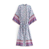 Location Floral Print Long Kimono Shirt Beige Hippie Women Lacing up Tie Bow Sashes Long Cardigan Loose Blouse Tops