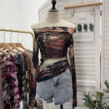 Fongt Graffiti-Printed Shoulder-Threin Mesh Long-Sleeved Blouse Side Drawstring Tethered With Slime T-Shirt 8959
