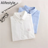 New Artistic Animal Embroidery White Shirt Women Solid Oxford Long Sleeve Shirt Small Fresh High Quality Brand