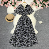 Fongt Wind Temperament Sweet Broken Flower V Collar Dress Beach Vacation Snow Spinning A Word Long Skirt-Outfit