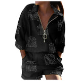Fongt Women's New Spring Fashion Set Long-Sleeved Print Zipper Top Shorts Two-Piece Set