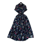 Fongt Niche High-End Light Style Single Row Buckle Short-Sleeved Printed Shirt Dress Female Magenta Vintage Chiffon Dress
