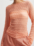Sexy Women Ruched Long Flare Sleeve T-shirts Tops for Women O-Neck Solid Color Slim Fit See Through Tees Shirts 2023-Outfit
