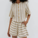 Fongt Women's Short Sleeve Striped Shirt Shorts Set Stylish Loose Breathable Two-Piece Set-Outfit