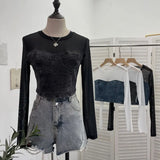 Fashion Fake Two Denim Splicing Mesh Long Sleeve Top Short Open Umbilion T-Shirt