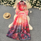 Fongt Actress High-End Printing Set Female Lantern Sleeve Buckle Shirt + High Waist Swing Half Body Skirt