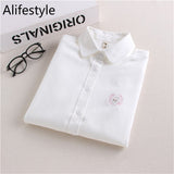 New Artistic Animal Embroidery White Shirt Women Solid Oxford Long Sleeve Shirt Small Fresh High Quality Brand