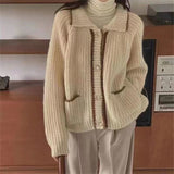 Women Baggy Panelled Korean Fashion S-3XL Pockets Sweet College Long Sleeve Кардиган Женский Temper Gentle Knitting