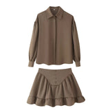 Fongt For Women's Clothing INS Explosive Temperament Collar Buckle Shirt Leaf-Side Skirt Set