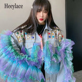 women jackets ruffles mesh patchwork diamond denim jackets streetwear harajuku bomber jacket for women short coats ropa