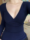 Fongt Commuting Simple Foundation Solid Color V-Neck Cross-Dressed Long-Sleeved Hottie All Oversized Waist Thin Top