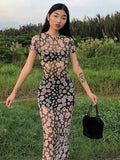 Short Sleeve Daisies Print Mesh See-Through Sexy Maxi Dress Summer Women Fashion Streetwear Outfit