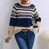 Fongt Women's Sweater Fashion Round-Neck Knitted Top Classic Striped Knitted Shirt