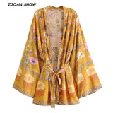 Women Bohemian Yellow V neck Flower Print Kimono Shirt Holiday Beach Tide Bow Sashes Mid Long Cardigan Blouse