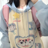 Sky Blue Cotton Zipper Hoodie Jackets Kitten Cats Cute Y2K Print Sweatshirt Coat Loose Oversized Korean Kawaii