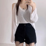 Shoulder Sexy Long Sleeve Cover Up Blouse Women Loose Sunscreen V-neck Tops Elegant Summer Casual Ice Knit Long Shirts