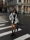 Fongt Women's Black And White Stripes Simple Fashion V-Neck Button Knitted Cardigan Jacket
