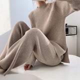 Fongt And Winter Solid Color Round Collar Open Fork Sweater Set Women's Loose Knitting Tops Broad Leg Pants Two Sets
