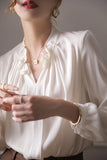 Satin Solid Women's Blouse Loose White Casual Shirt Summer Long Sleeves Elegant Top 2022 New Folds Fashion Female