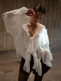 Fongt Early Spring New High-End French Design Wood-Side Chiffon Women Loose V-Neck Solid Color Niche Blouse
