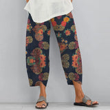 Vintage Floral Printed Pants Summer Women Cotton Linen Trousers Harem Pants Elastic Waist Loose Pantalon
