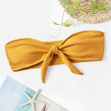 Strapless Ruched Swimsuit Women Fashion Solid Color Bow Knot Bathing Suits Beach Wear Solid Color Straps Bikinis Tops-Outfit