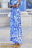 Women Elegant Pattern Print Party Dress Summer Sexy Off Shoulder High Waist Long Dress Lady Casual Short Sleeve Backless