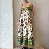 Fongt Summer Women's New Temperament Elegant High-Waist Print Slings Casual Fashion Dress