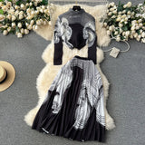New Advanced Casual Women's Elastic Long Sleeve Pleated Top+High Waist Pleated Half Skirt Printed Skirt 2-piece Set-Outfit
