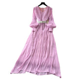 Fongt High-End Temperament Fashion V-Neck Lantern Sleeve Strap To Close Waistguel Dress Female Elegant Long Dress