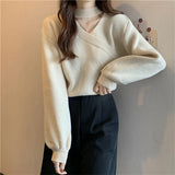 Fongt Languid Wind Shows Thin Casual Solid Color Knitting Inside The 2024 New V-Collar Loose Lantern Sleeve Sweater Female-Outfit