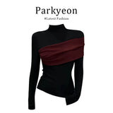 Fongt Temperament Oceanic Irregular Bottoming Shirt Women Autumn Half-High Collar Collar Head Thin Bumping Color Splicing Top