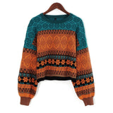 Short Sweater Retro Chic Splicing Color Winter Young Girls Warm Clothing Knitted Flower Pattern Pullover For