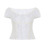 Fongt Girl Age-Sensitive French Retro Checkered Low-Chest Shoulder Short-Sleeved T-Shirts Single-Breasted Buckle Thin Top