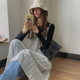 Summer New Lace Embroidery Dresses Simple Korean White Strap Dress for Women Y2k E-Girl Mid-length Loose Vestidos Mujer-Outfit