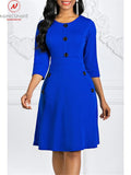 Women Spring Autumn Solid A-Line Dress Single-Breasted Design Pockets Decor O-Neck Three Quarter Sleeve High Waist Slim
