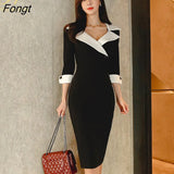 Han Queen Hot sale Women Autumn Suit collar Black White Stitching Bodycon Pencil Dress Lady Simple Tight Elegant Party