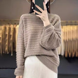 Fongt Women's Round Collar Full Body Hook Line Showing Thin Thick Sweater Loose Leisure Autumn And Winter New Knitted Shirt Comfortable Outerwear