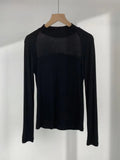 Fongt Show Thin Temperament Mesh Hollow Out Black Bottom Shirt Women's New Slim Half High Collar With Long-Sleeved T-Shirt-Outfit