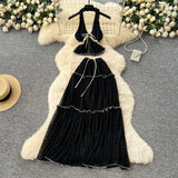 Fongt Holiday Suit Female Summer Sexy Hanging Neck V Neck Bare Back Chiffon Top High Waist Half Skirt Suit