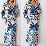 Fongt New Women's V-Neck Long-Sleeved Half-Dress Retro Print Early Spring Lazy Casual Fashion Set