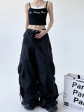 Fongt New Tight High Waist Design Sense Niche Black Cargo Pants Female Loose Casual Fashion Draw Rope Wide Leg Pants-Outfit