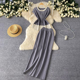 Fongt Sense Of The Color Short Sleeve Knitted Cardigan Top + High Waist Long Skirt Summer Wearing Two Sets