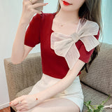 Fongt Shot Summer New Square Collar Short Sleeve Bow Bubble Sleeve Design Sense Joker Head Shirt Jacket-Outfit